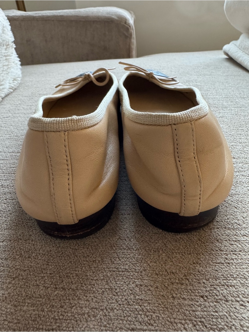 CHANEL Beige Leather Ballerina Flats with Black Cap Toe - Picture 5 of 7